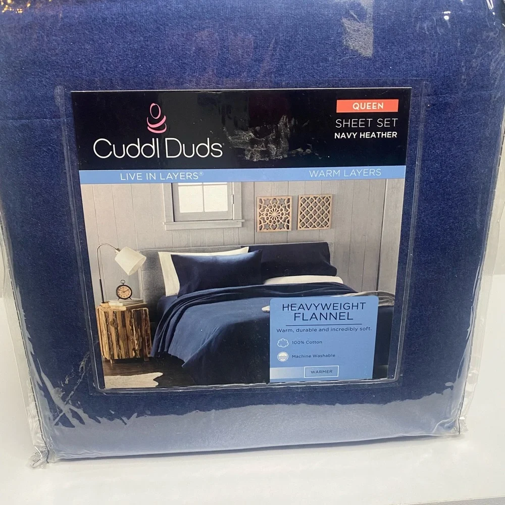 Cuddl Duds Queen Flannel sheet Set navy Heather - Picture 1 of 3